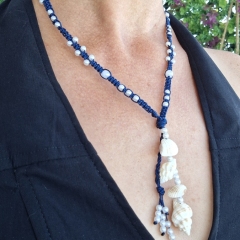 Blue macrame necklace with shells  