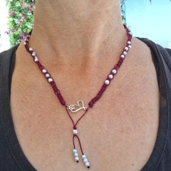 Wine red macrame necklace with heart