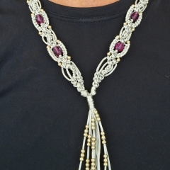 Silver grey macrame necklace with golden stars