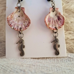 Handmade shell earrings with silver colour seahorse