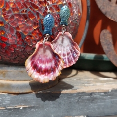 Handmade shell earrings with blue fishes