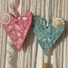Two Sea Glass Hearts with Snail House